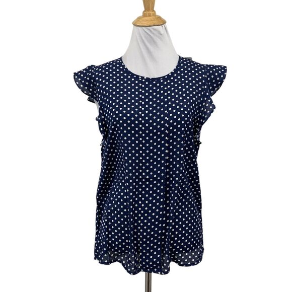 Sweet Habit Top Women S Small Navy White Polka Dots Flutter Sleeve Blouse - Picture 1 of 11